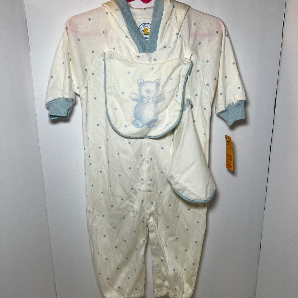 Heirloom Style Pastel Baby Blue Polka Dot Teddy Bear Traditional 90s Layette VTG